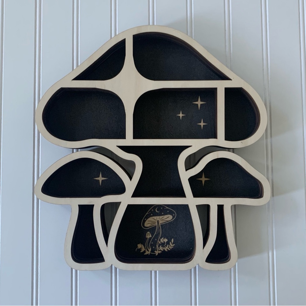 Wooden Mushroom Trinket Wall Shelf - Black and Natural